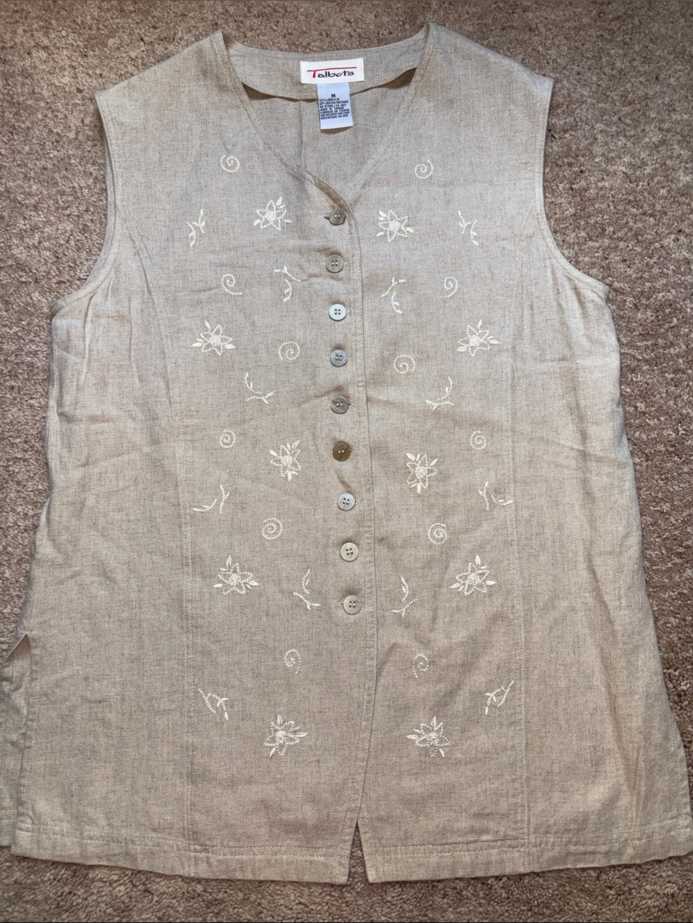 Vintage Talbots Embroidered Linen Sleeveless Vest Beige size medium lagenlook